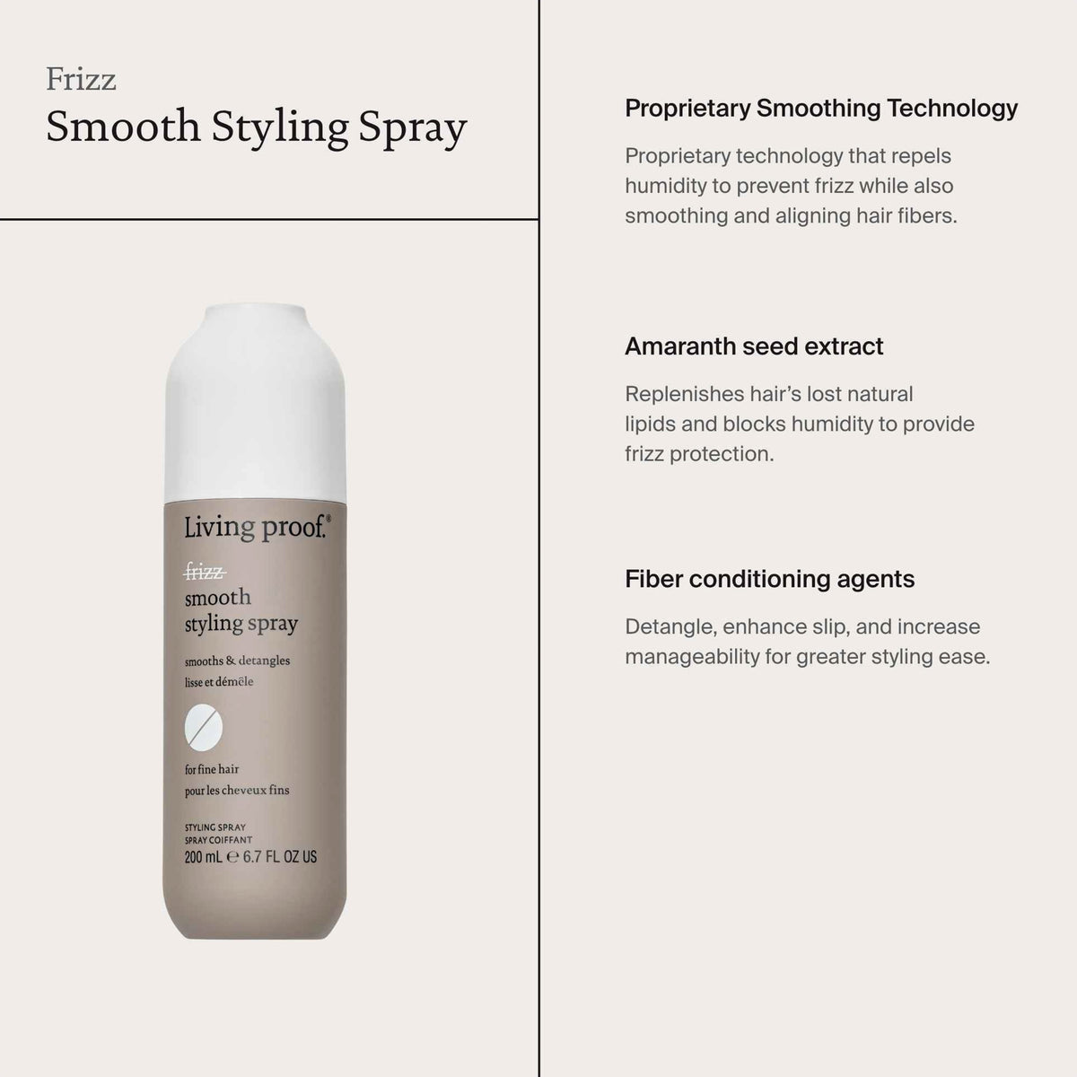 Flasche Living Proof No Frizz Smooth Styling Spray neben den wichtigsten Vorteilen und Inhaltsstoffen abgebildet.