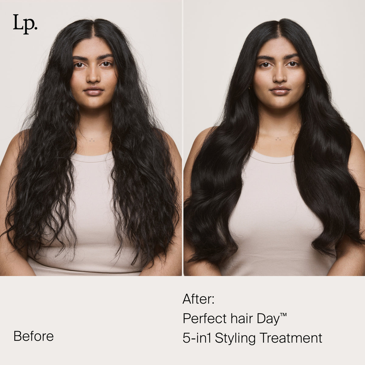 Nebeneinander einer Frau mit krausem Haar (vor) und glattem, gestyltem Haar (nach) der Verwendung der Living Proof Perfect Hair Day 5-in-1 Styling Treatment.