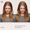 Geteiltes Bild einer Frau vor und nach der Verwendung des Trockenshampoos „Perfect Hair Day“ von Living Proof. Das Nachher-Foto zeigt saubereres voluminöseres Haar.