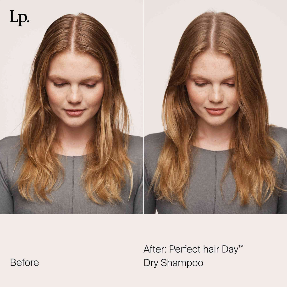 Geteiltes Bild einer Frau vor und nach der Verwendung des Trockenshampoos „Perfect Hair Day“ von Living Proof. Das Nachher-Foto zeigt saubereres voluminöseres Haar.