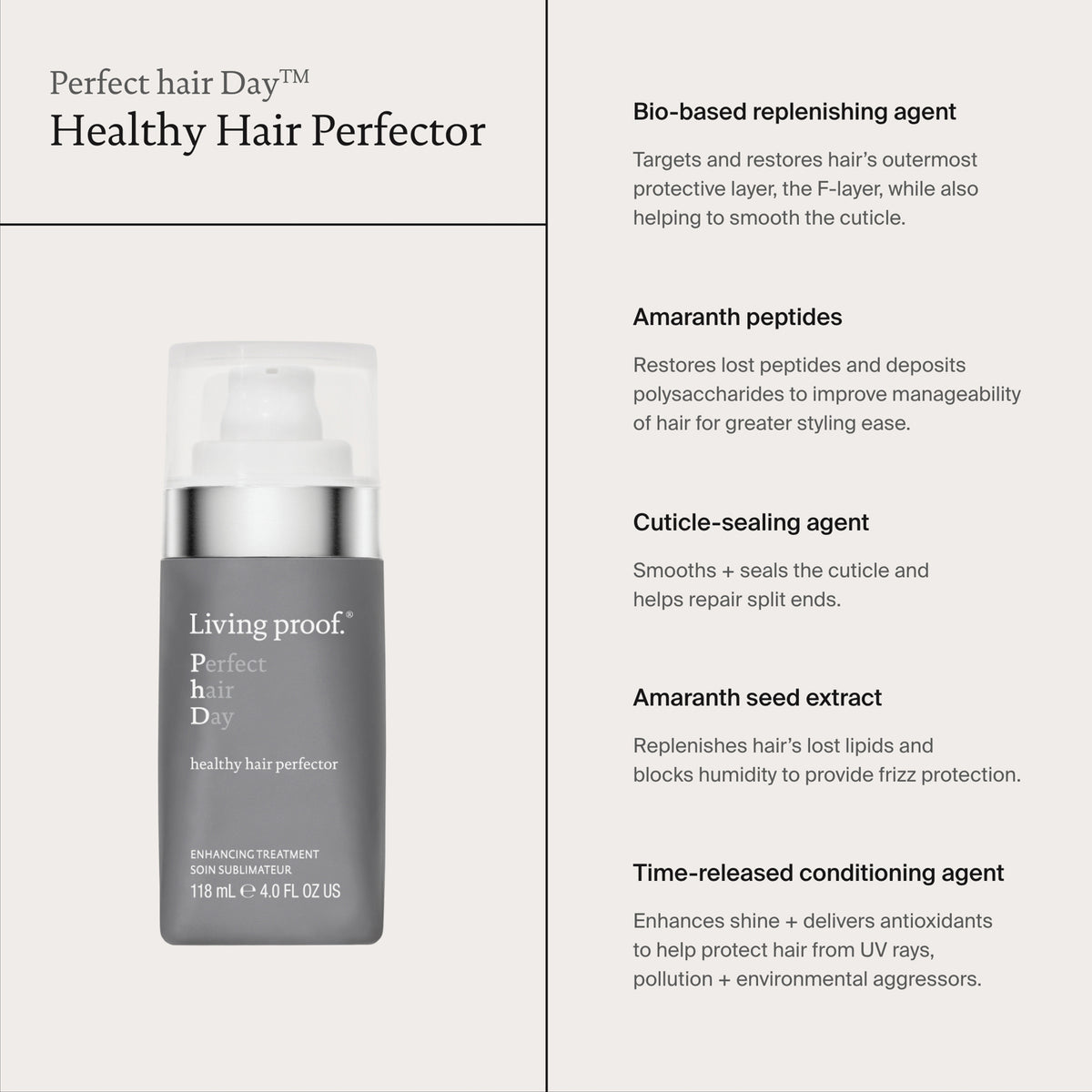 Graue Flasche Living Proof Perfect Hair Day Healthy Hair Perfector mit Vorteilen der enthaltenen Inhaltsstoffe.