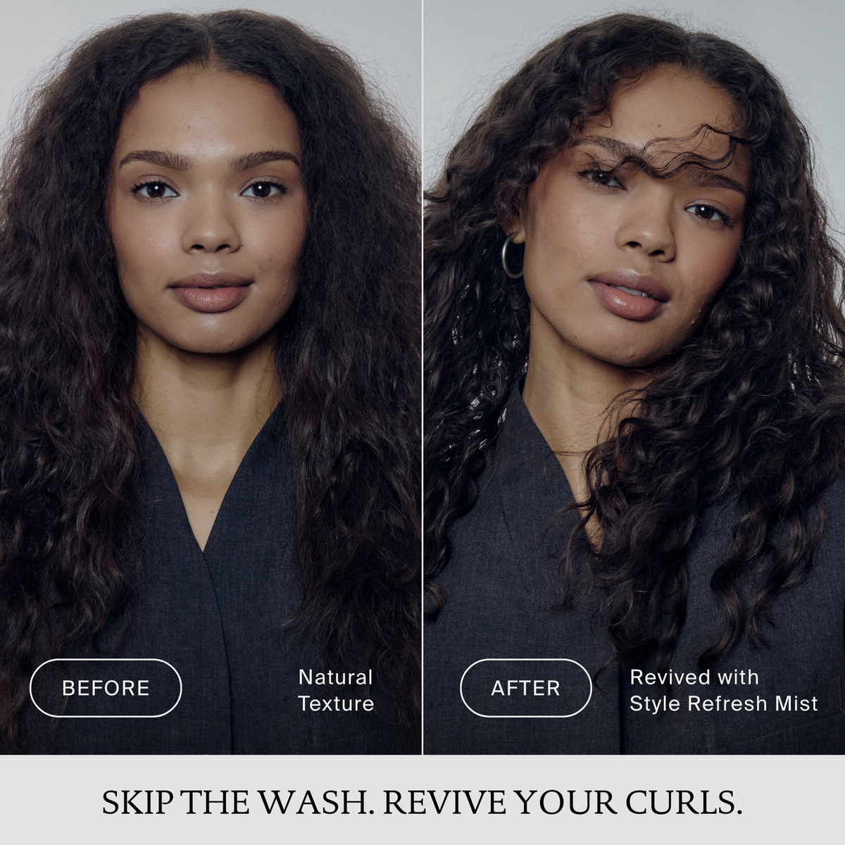 Splitbild der Locken einer Frau vor und nach der Anwendung des Living Proof. Perfect Hair Day Style Refresh Hair Mist, mit revitalisierten Locken.