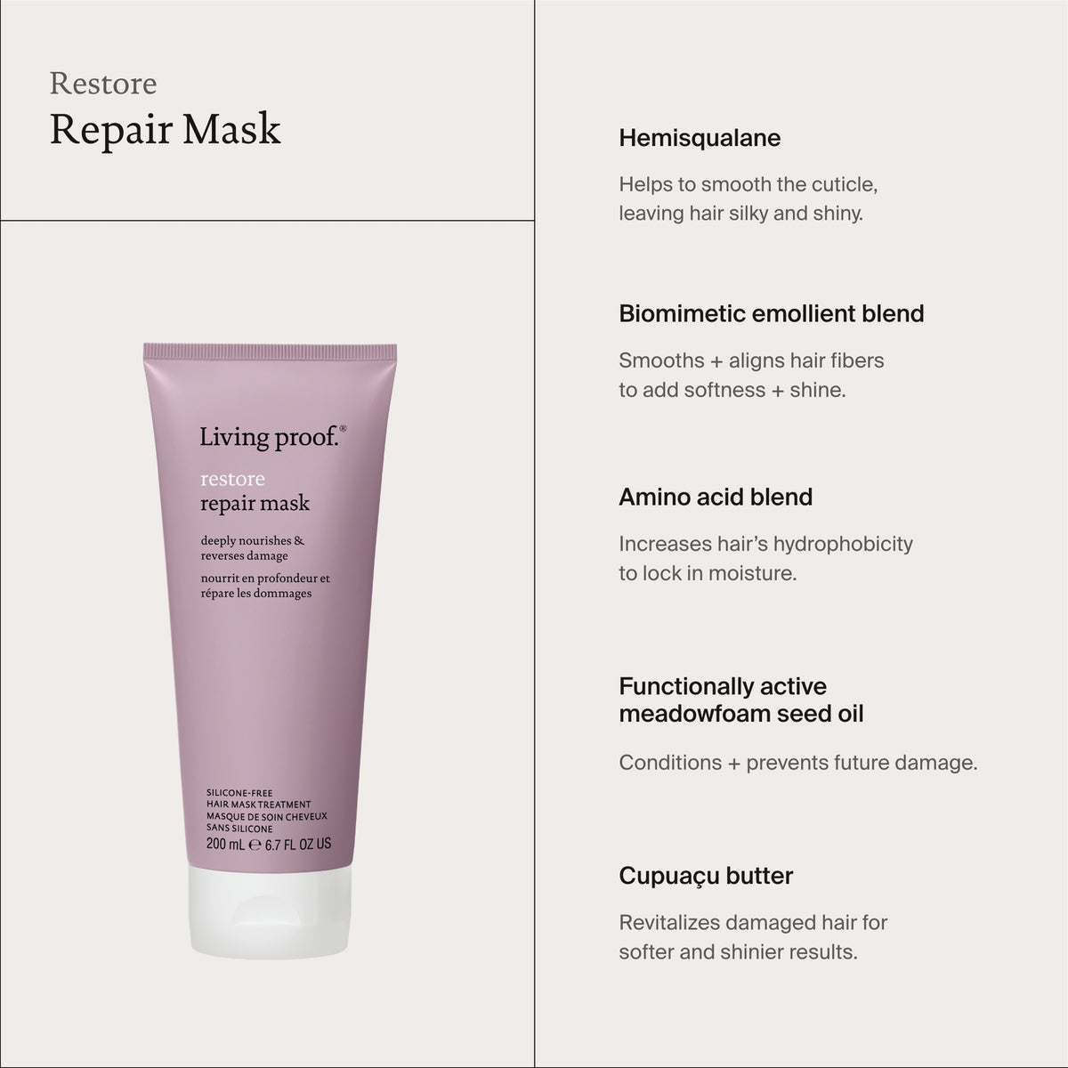 Eine Tube Living Proof Restore Repair Mask neben Vorteilen der enthaltenen Inhaltsstoffe.