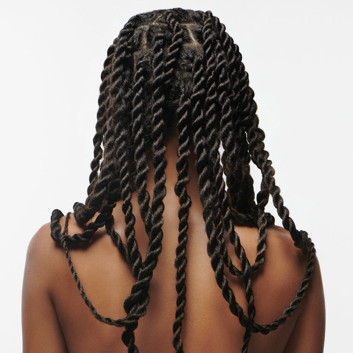Eine Person mit langen Braids von hinten vor einem weißen Hintergrund, präsentiert Living Proof Scalp Care Dry Scalp Treatment.