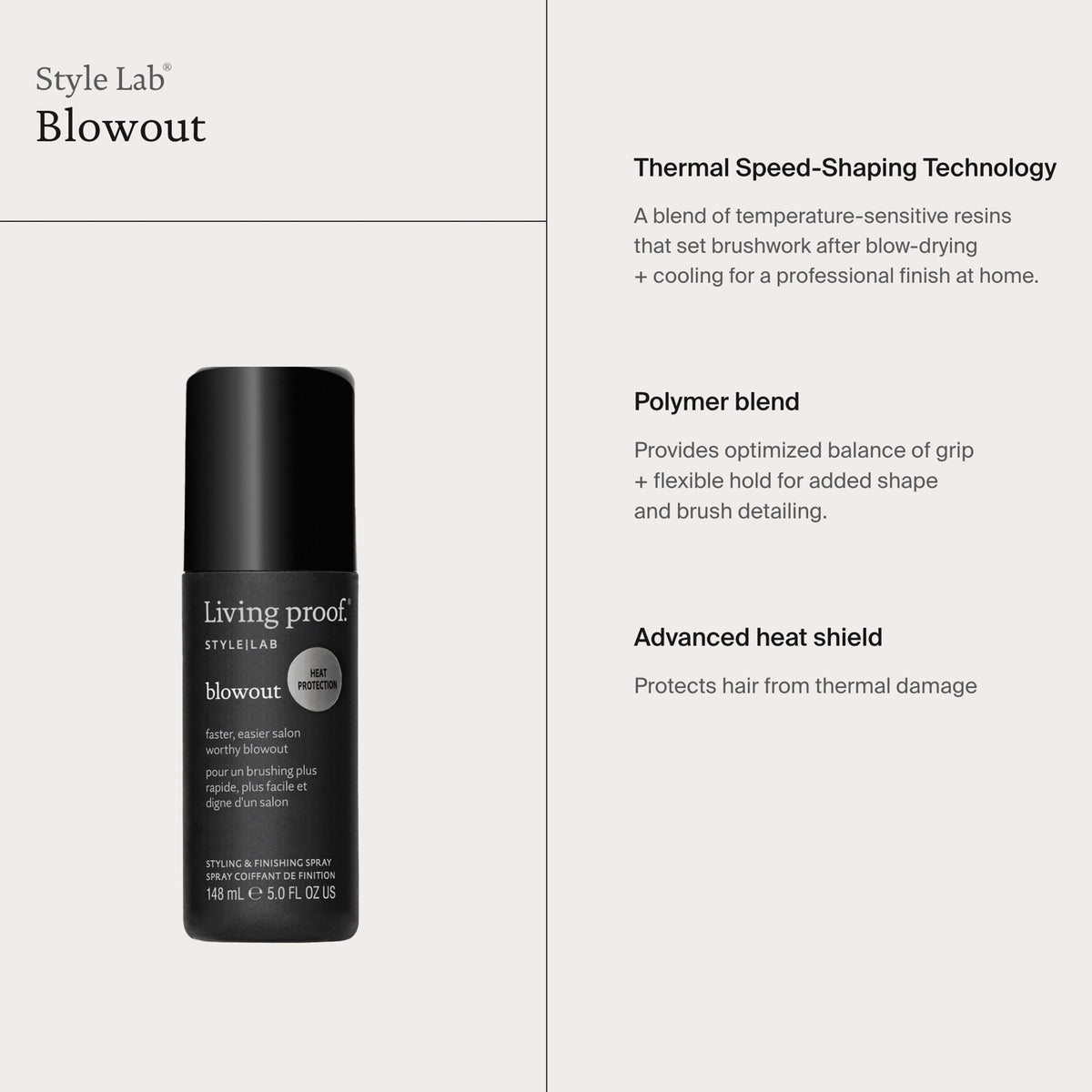 Eine Flasche Living Proof Style Lab Blowout neben Vorteilen der enthaltenen Inhaltsstoffe.