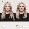Nebeneinander einer blonden Frau vor und nach der Verwendung des Living Proof Triple Bond Complex; nachher deutlich geschmeidigeres, gesünder aussehendes Haar.