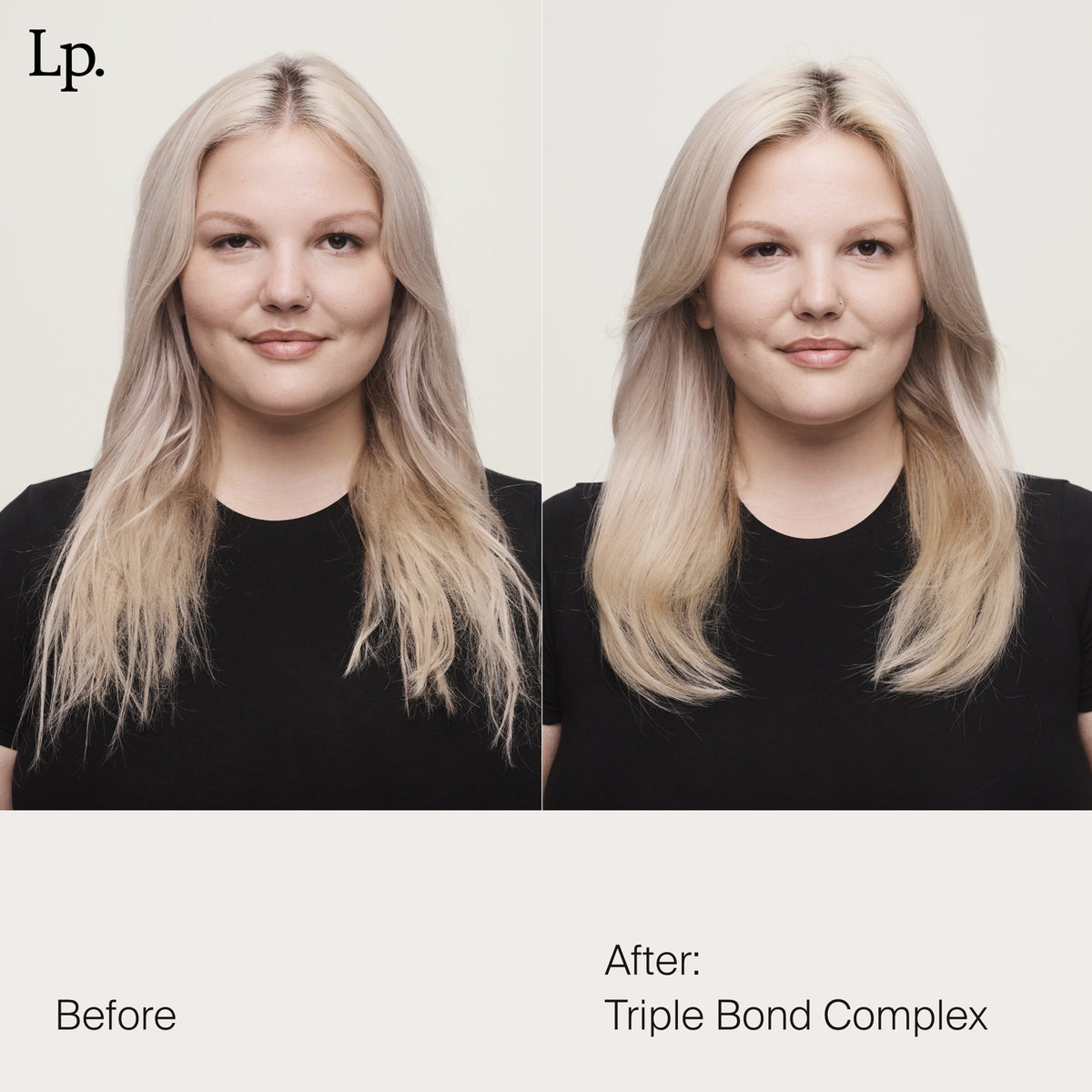 Nebeneinander einer blonden Frau vor und nach der Verwendung des Living Proof Triple Bond Complex; nachher deutlich geschmeidigeres, gesünder aussehendes Haar.