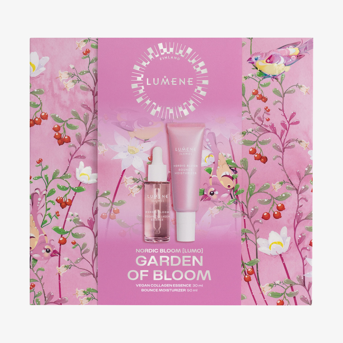 Eine rosa Lumene GARDEN OF BLOOM SET 2026-Verpackung mit Blumenmotiven, bestehend aus einer Tropfflasche und einer Tube.
