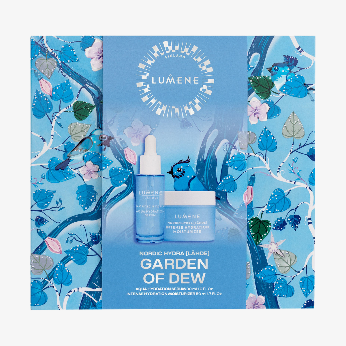 Lumene GARDEN OF DEW SET 2026: Serum und Feuchtigkeitscreme in einer blauen Verpackung mit Blumen- und Schmetterlingsmotiv.