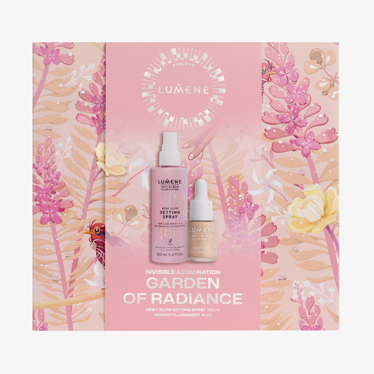 Lumene GARDEN OF RADIANCE SET 2026: Fixierspray, Highlighter, blumiger Hintergrund, Schmetterlingsakzente.