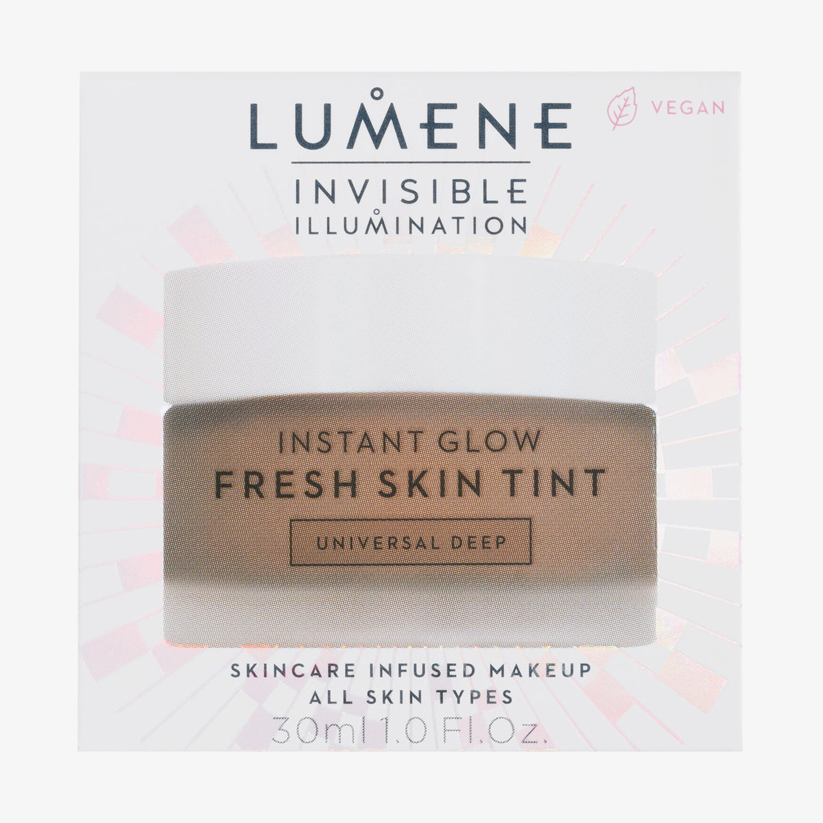 Weiße Verpackung des Lumene INVISIBLE ILLUMINATION Instant Glow Fresh Skin Tint in Universal Deep mit Abbildung des Tiegels.