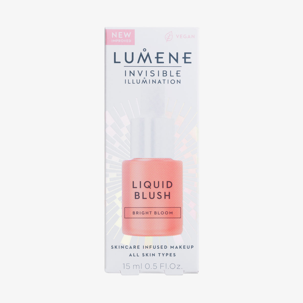 Weiße Verpackung des Lumene INVISIBLE ILLUMINATION Liquid Blush Bright Blossom mit Abbildung der Tropfflasche.