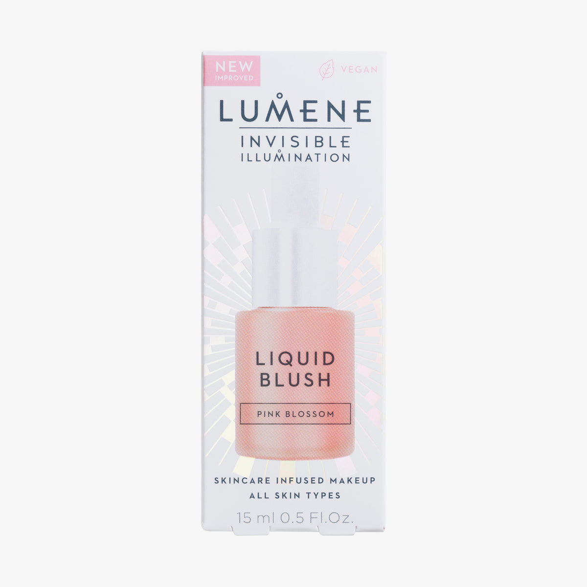 Weiße Verpackung des Lumene INVISIBLE ILLUMINATION Liquid Blush Pink Blossom mit Abbildung der Tropfflasche.