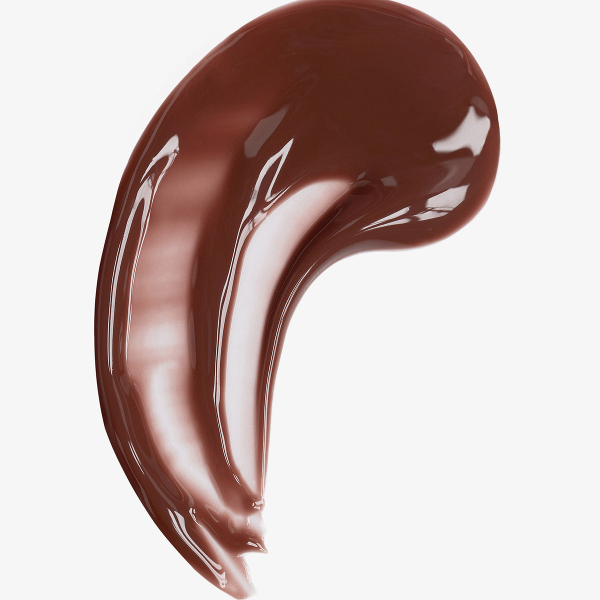 Ein glänzender schokoladenfarbenenr Swatch des Lip Glow Oil Balm Honey auf weißem Hintergrund