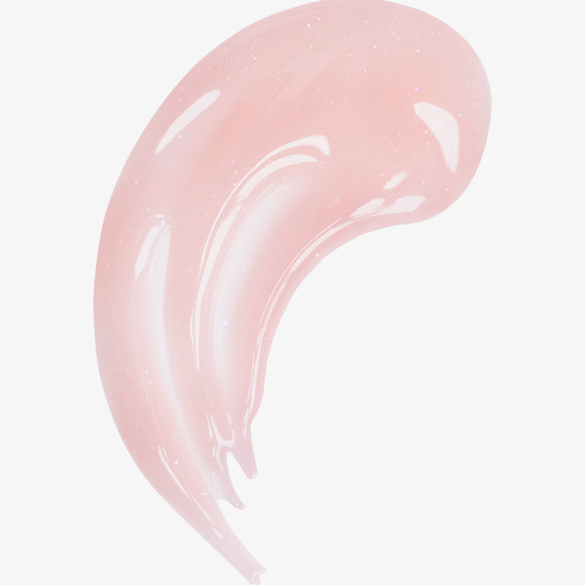 Ein glänzender hellrosa Swatch des Lip Glow Oil Balm Sugar mit kleinen Glitzerpartikeln auf weißem Hintergrund