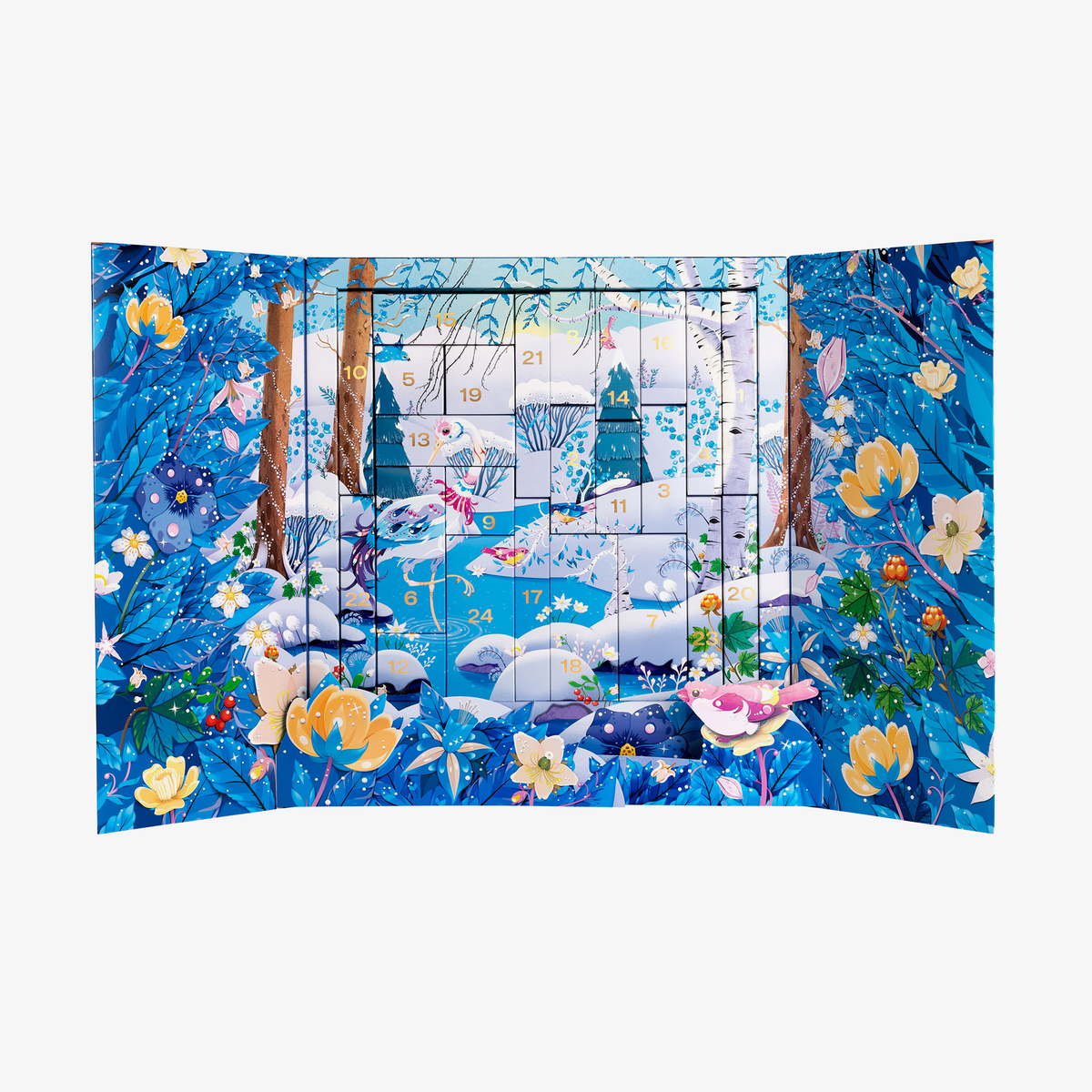 Der NORDIC BEAUTY CALENDER 2026 von Lumene: ein blauer Adventskalender, der einen verschneiten Wald mit Vögeln, gelben Blumen und nummerierten Türchen zeigt.