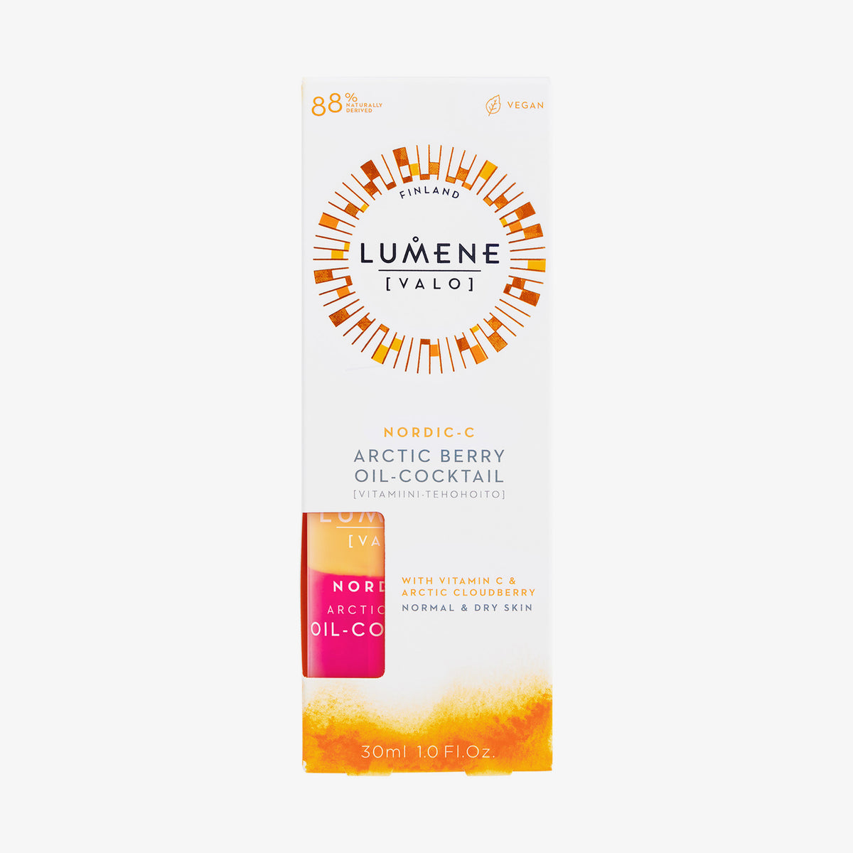 Weiße Verpackung des Lumene NORDIC-C [VALO] Arctic Berry Multivitamin Cocktail Oil mit orangen Element und Sichtfenster.