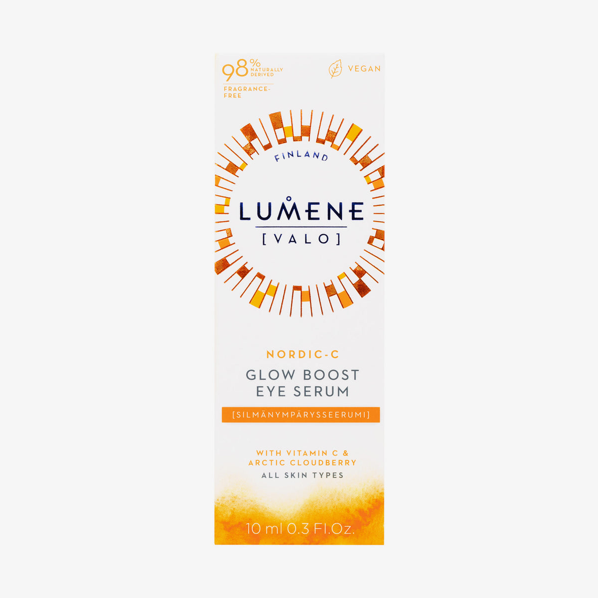 Weiße Schachtel des Lumene NORDIC-C [VALO] Glow Boost Eye Serum mit orangefarbenem Designelementen.
