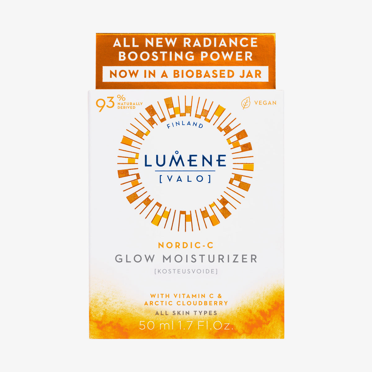 Weiße Verpackung des NORDIC-C [VALO] Glow Moisturizer mit orangen Akzenten.