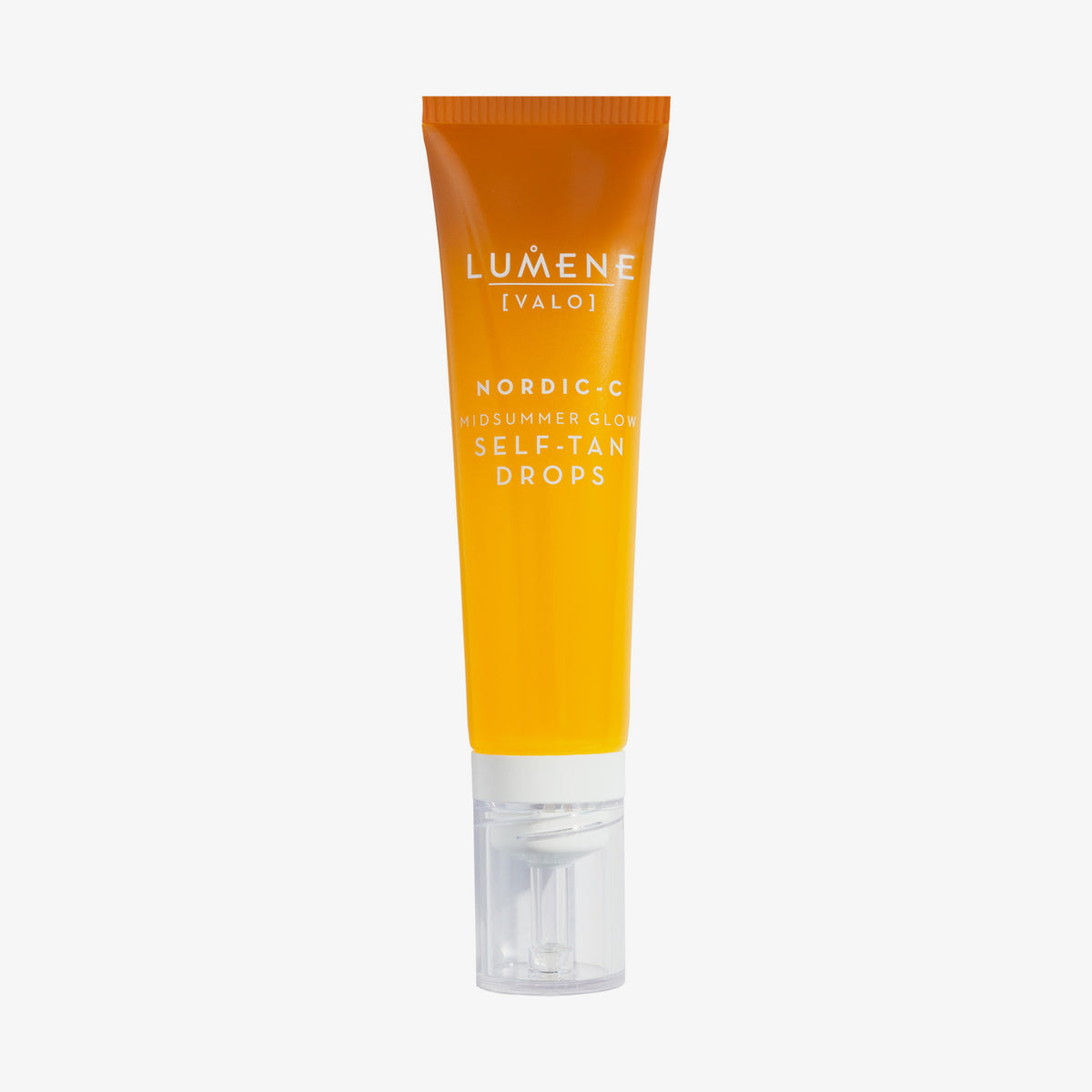 Eine orangefarbene Tube der Lumene NORDIC-C [VALO] Self-Tan Drops mit einer durchsichtigen Kappe.
