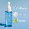 Eine blaue Flasche Lumene Nordic Hydra [LÄHDE] Aqua Hydration Serum mit Tropfer, Abbildungen der Inhaltsstoffe und Text, der die wichtigsten Feuchtigkeitskomponenten darstellt.