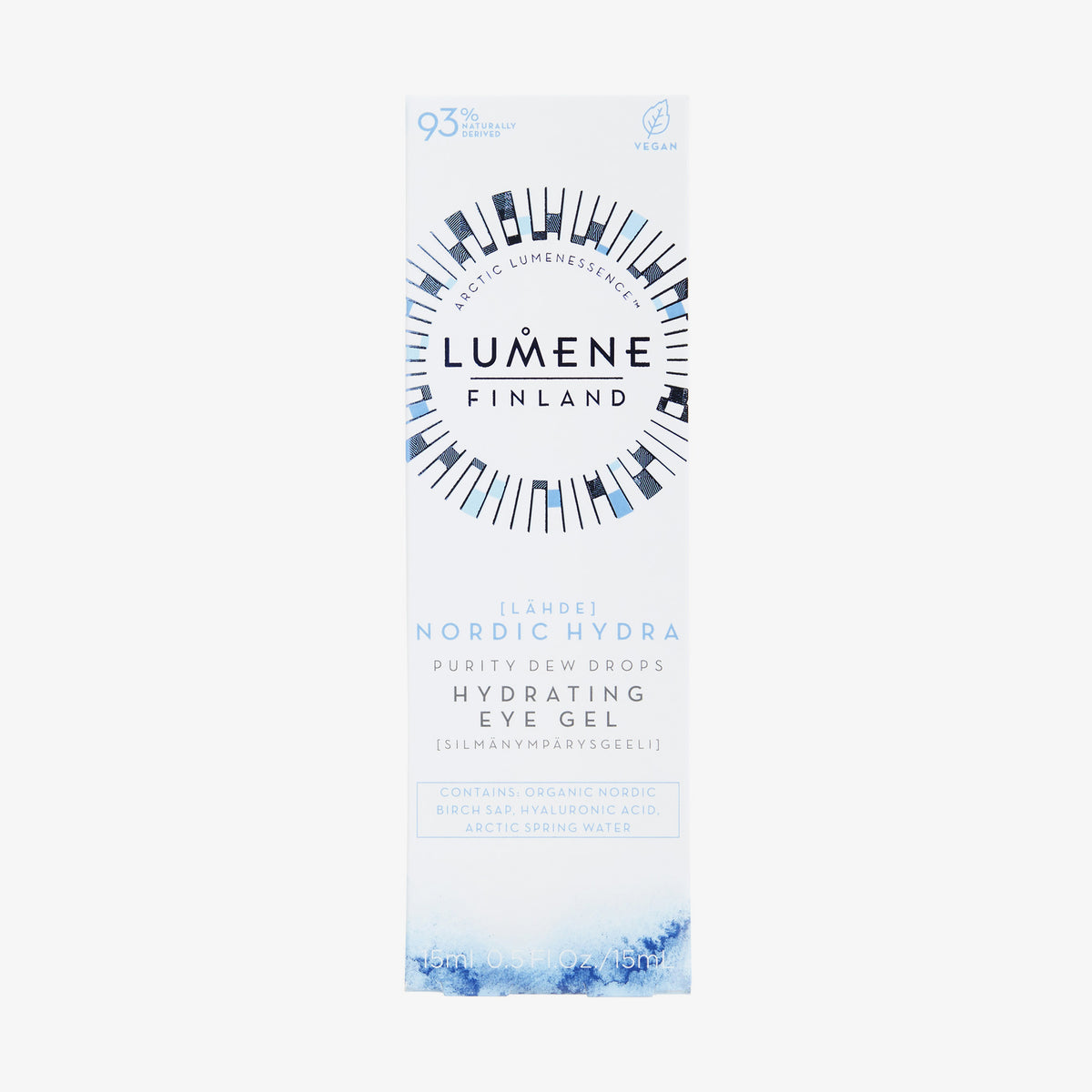 Weiße Schachtel von Lumene NORDIC HYDRA [LAHDE] Purity Dew Drops Hydrating Eye Gel mit blauen Akzenten und einem runden Logo.