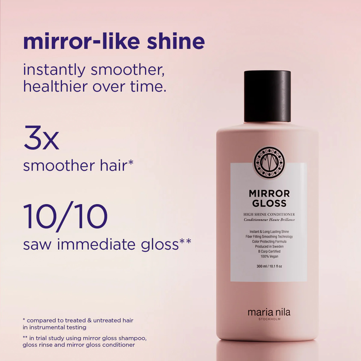 Eine rosa Flasche „Maria Nila Mirror Gloss Conditioner“ vor einem hellrosa Hintergrund, mit Produktversprechen im Text.