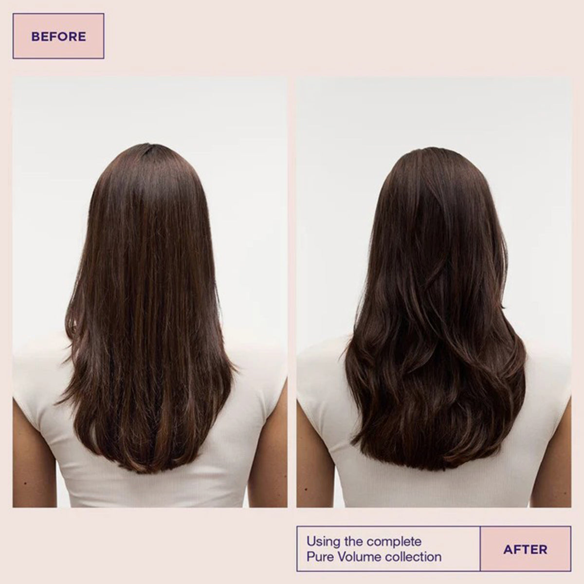 Vorher/ Nachher: Person mit trockenem braunem Haar links, glänzenden Wellen rechts nach der Verwendung der Pure Volume Beauty Bag 2025.