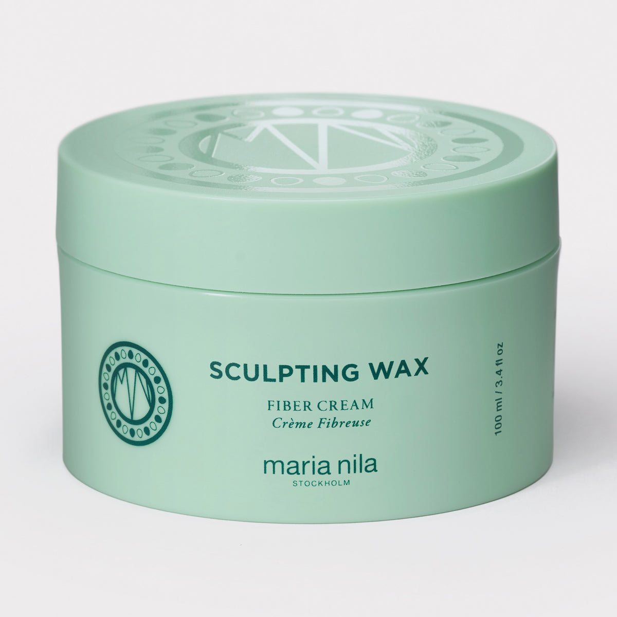 Ein mintgrüner Tiegel von maria nila Sculpting Wax mit einem runden Deckel und Logo.