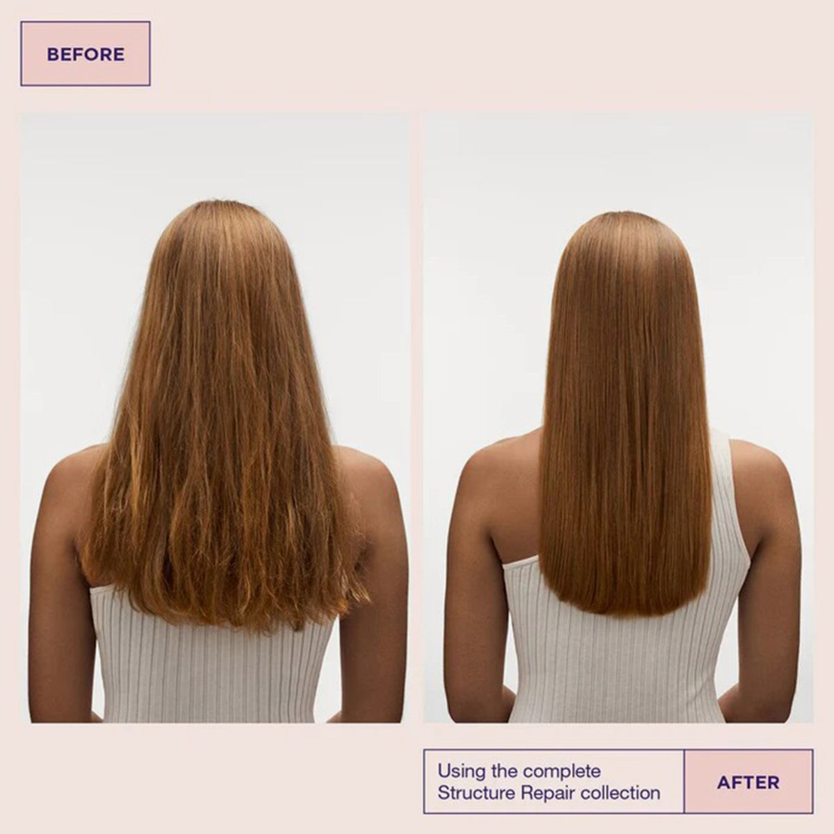 Vorher/ Nachher: Person mit rotem trockenem Haar links, glänzenden und glattem Haar rechts nach der Verwendung der Structure Repair Beauty Bag 2025.