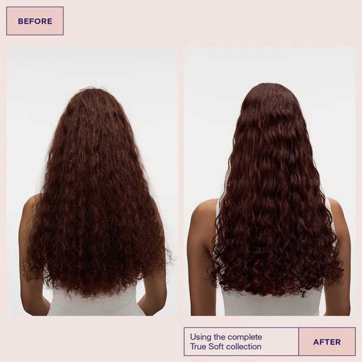 Vorher/ Nachher: Person mit krausem braunem Haar links, definierten und glänzenden Wellen rechts nach der Verwendung von True Soft Beauty Bag 2025.