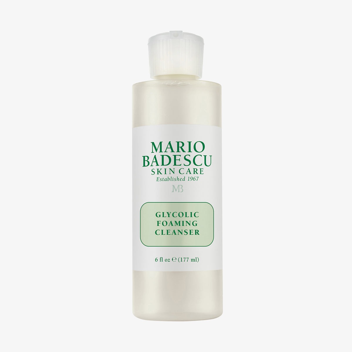 Eine Flasche Mario Badescu Glycolic Foaming Cleanser mit einer weißen Kappe und grünem Etikett.