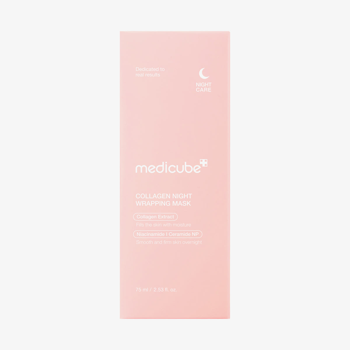 Rosafarbene Schachtel Collagen Night Wrapping Mask mit weißem Text auf schlichtem Hintergrund.