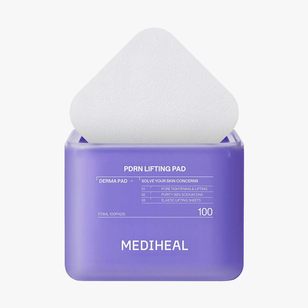 In einem violetten Mediheal PDRN Lifting Pad-Behälter befindet sich ein Stapel weißer Pads, von denen eines teilweise herausgezogen ist.