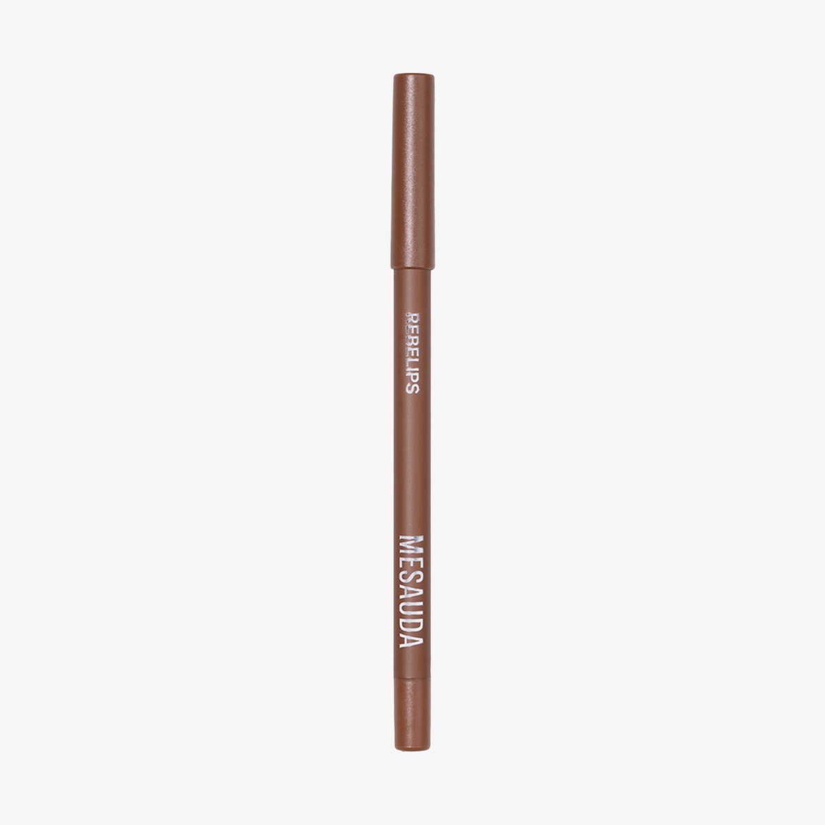 Brauner Rebelips-Lippenstift in 114 Latte von Mesauda Beauty, mit Kappe, auf weißem Hintergrund.