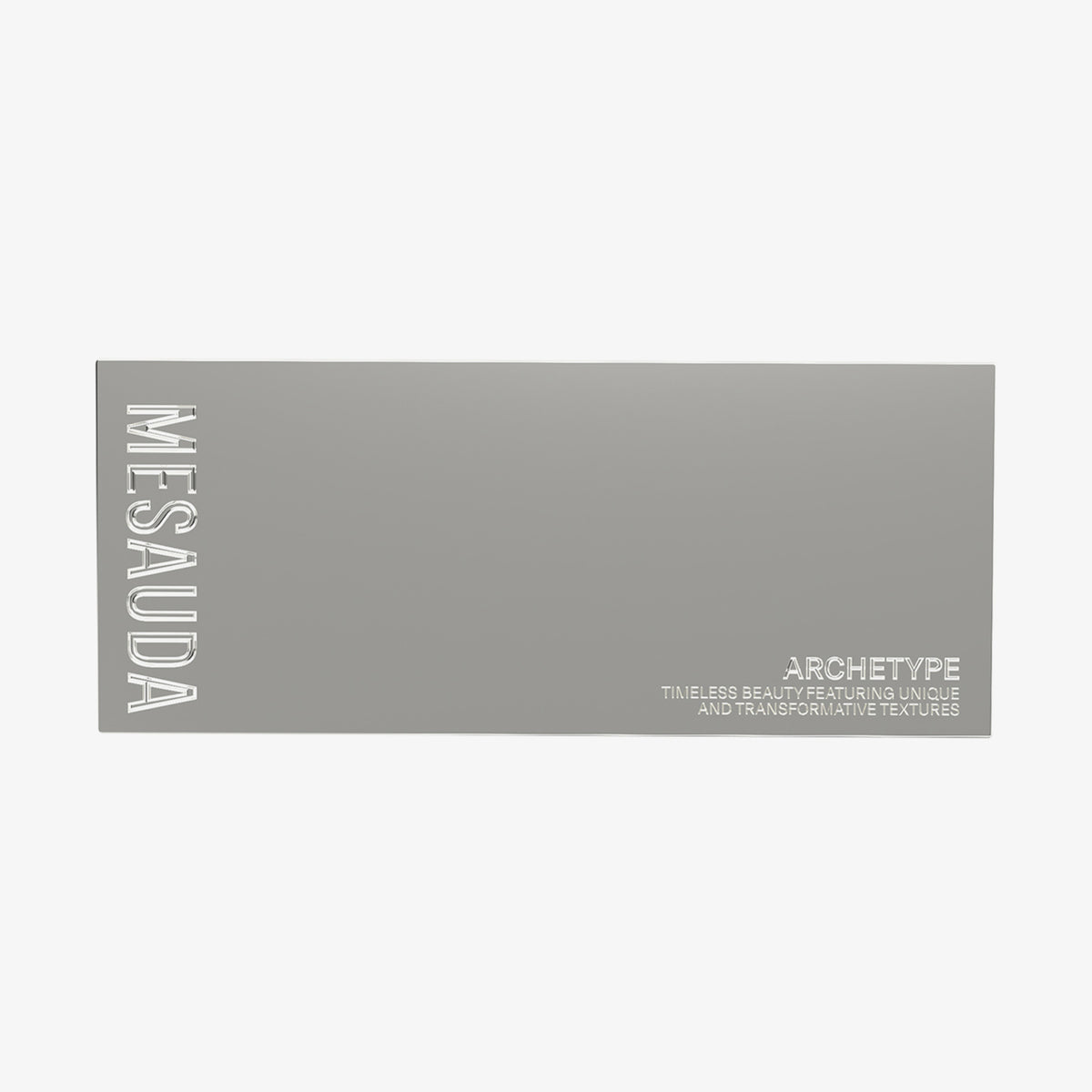 Rechteckige, silberne ARCHETYPE Make-up-Palette von Mesauda Beauty mit minimalistischem weißem Text auf einfarbigem Hintergrund.