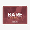 Eine rechteckige Make-up-Palette mit der Aufschrift Bare Harmony von Mesauda Beauty zeigt weißen und gelben Text auf kastanienbraunem Hintergrund.