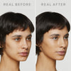 Gegenüberstellung des Gesichts einer Frau mit der Aufschrift Real Before und Real After, die eine glattere Haut nach der Anwendung von Mesauda Beauty Dew Shield zeigt.