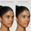 Gegenüberstellung des Gesichts einer Frau, die glattere, strahlendere Haut nach der Anwendung von Dew Shield von Mesauda Beauty zeigen.
