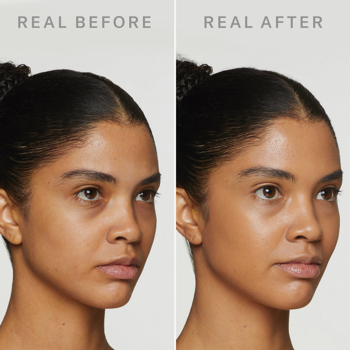 Gegenüberstellung des Gesichts einer Frau, die glattere, strahlendere Haut nach der Anwendung von Dew Shield von Mesauda Beauty zeigen.