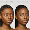 Das Gesicht einer Frau ist mit "Real Before" und "Real After" beschriftet und zeigt eine glattere, strahlendere Haut nach der Anwendung von Dew Shield von Mesauda Beauty.