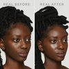 Die Gegenüberstellung des Gesichts einer Frau zeigt eine klarere, glattere Haut im "Real After"-Bild nach der Anwendung von Dew Shield von Mesauda Beauty im Vergleich zu "Real Before".