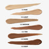 Sechs Muster der Mesauda Beauty Dew Shield Foundation in den Farben fair, light, medium, tan, dark und deep werden in der Reihenfolge ihrer Nuancen gezeigt.