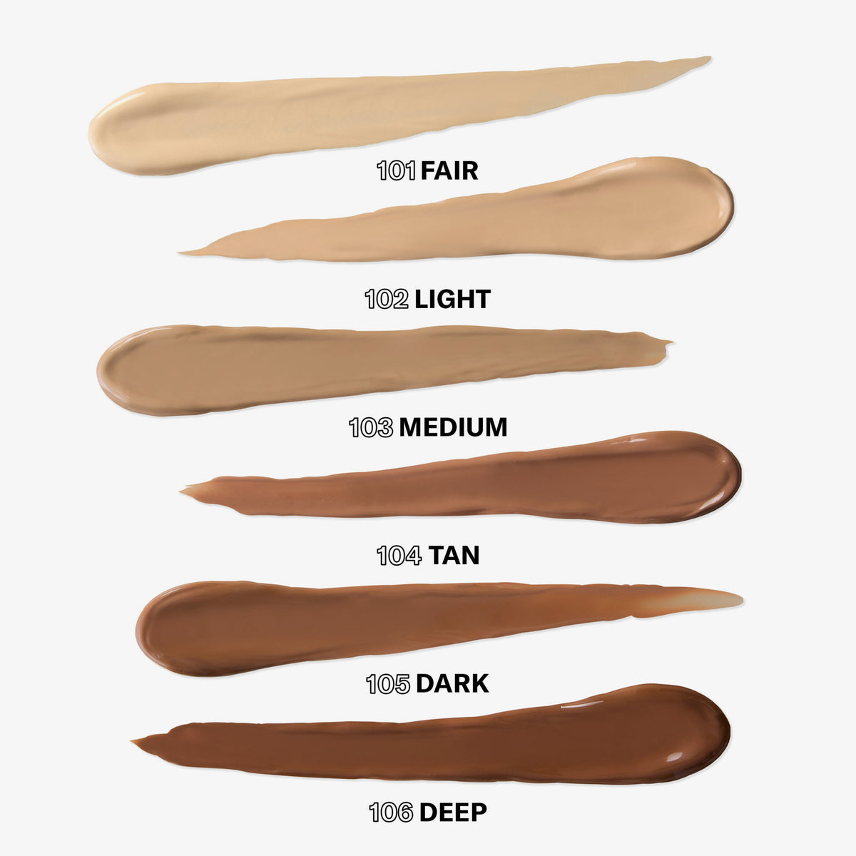 Sechs Muster der Mesauda Beauty Dew Shield Foundation in den Farben fair, light, medium, tan, dark und deep werden in der Reihenfolge ihrer Nuancen gezeigt.