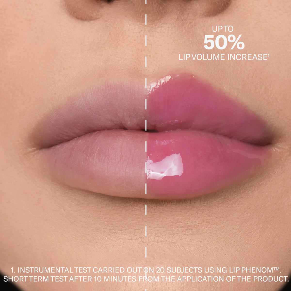Nahaufnahme der Lippen: links natürlich, rechts glänzend und voller nach der Anwendung von Mesauda Beauty LIP PHENOM™, mit dem Text "50% mehr Lippenvolumen".