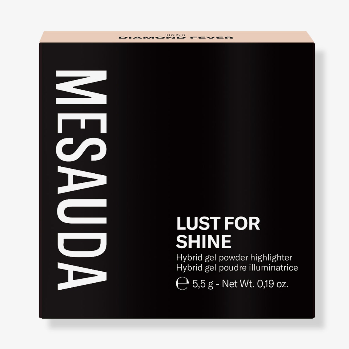 Schwarze Schachtel von Mesauda Beauty "Lust For Shine" Hybrid-Gel-Puder-Highlighter, 5,5 g, mit weißer Schrift.