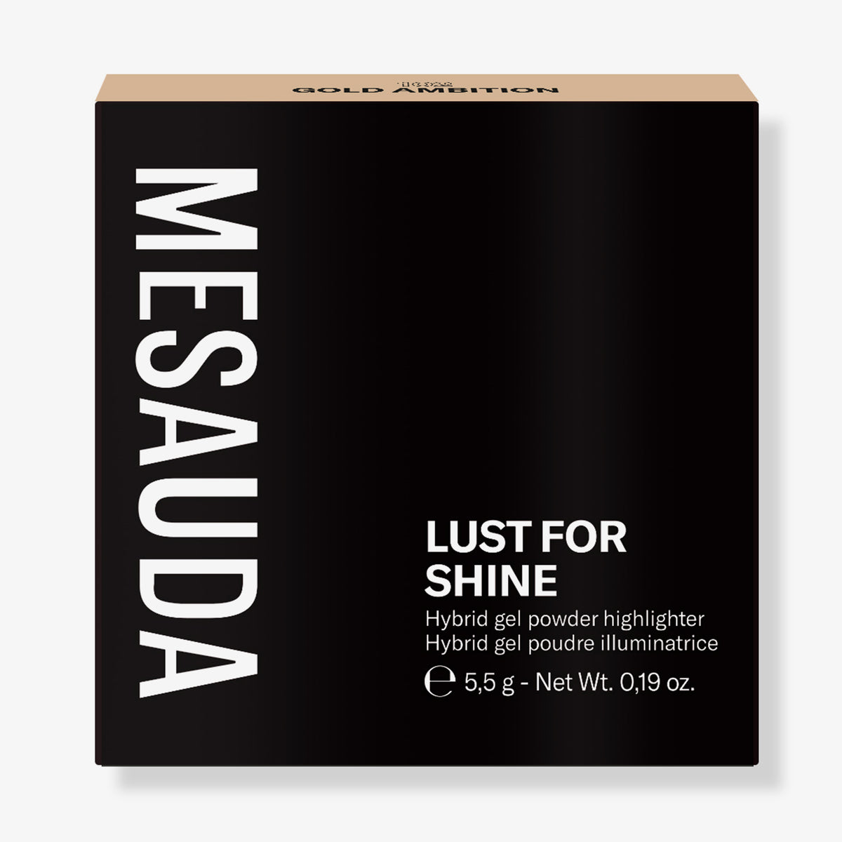 Schwarze quadratische Schachtel mit der Aufschrift Mesauda Beauty Lust For Shine hybrid gel powder highlighter, 5.5g.