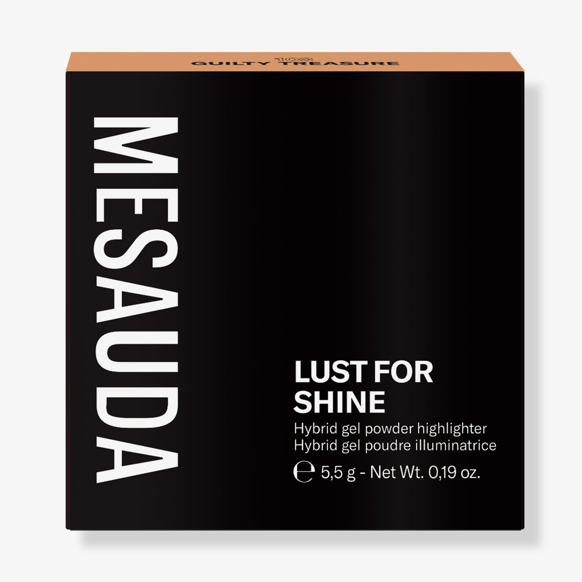 Eine schwarze Schachtel Mesauda Beauty Lust For Shine Hybrid Gel Powder Highlighter, 5,5 g, mit weißer Schrift.