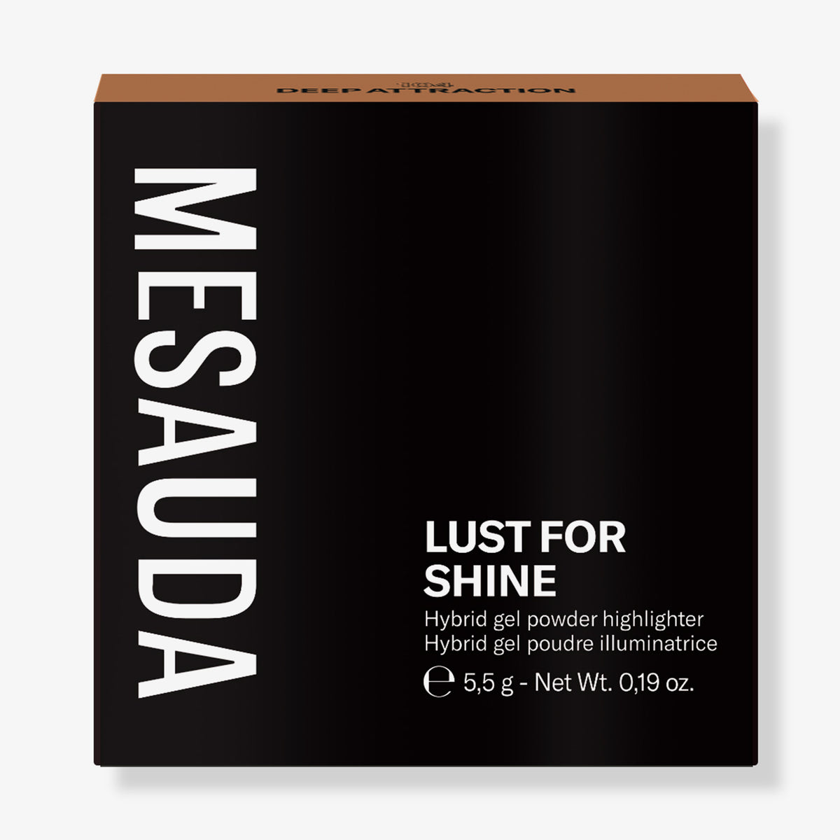 Schwarze Schachtel von Mesauda Beauty Lust For Shine Hybrid Gel Powder Highlighter mit weißem Text.