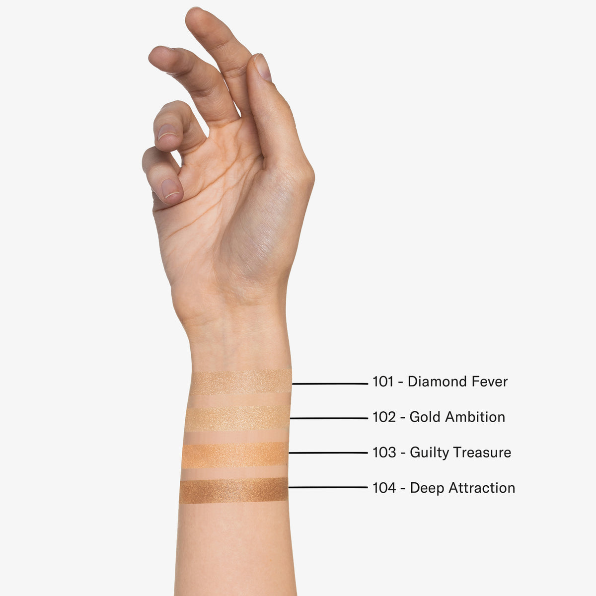 Eine Hand zeigt auf dem inneren Unterarm vier Lust For Shine Highlighter-Swatches (Farbtöne 101-104) von Mesauda Beauty.